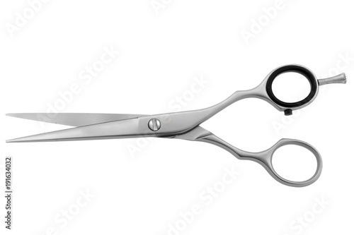 scissors metal hairdresser professional quality design shiny hand white background isolate