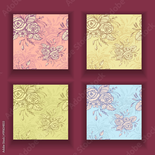 Set Seamless patterns with flowers bouquet in pink beige olive blue in retro style for decoupage or for wallpaper or textile or for decoration package of cosmetic perfume shampoo soap