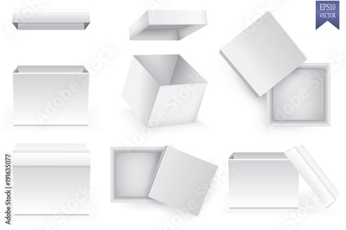 Set of empty opened and closed white paper boxes.
