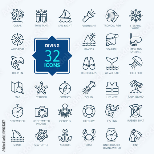 Scuba Diving and Snorkeling elements - minimal thin line web icon set. Outline icons collection. Simple vector illustration.