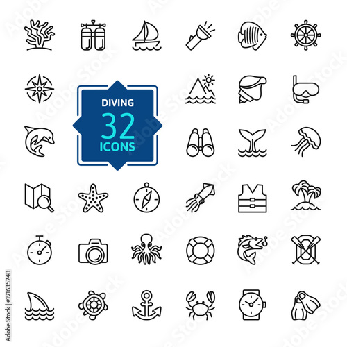Scuba Diving and Snorkeling elements - minimal thin line web icon set. Outline icons collection. Simple vector illustration.