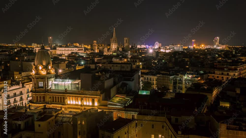 BARCELONA, CATALONIA - JULY 26th 2017: Timelapse of city centre from above rooftop architecture BARCELONA, CATALONIA - JULY 26th 2017: Timelapse of city centre from above rooftop architecture
