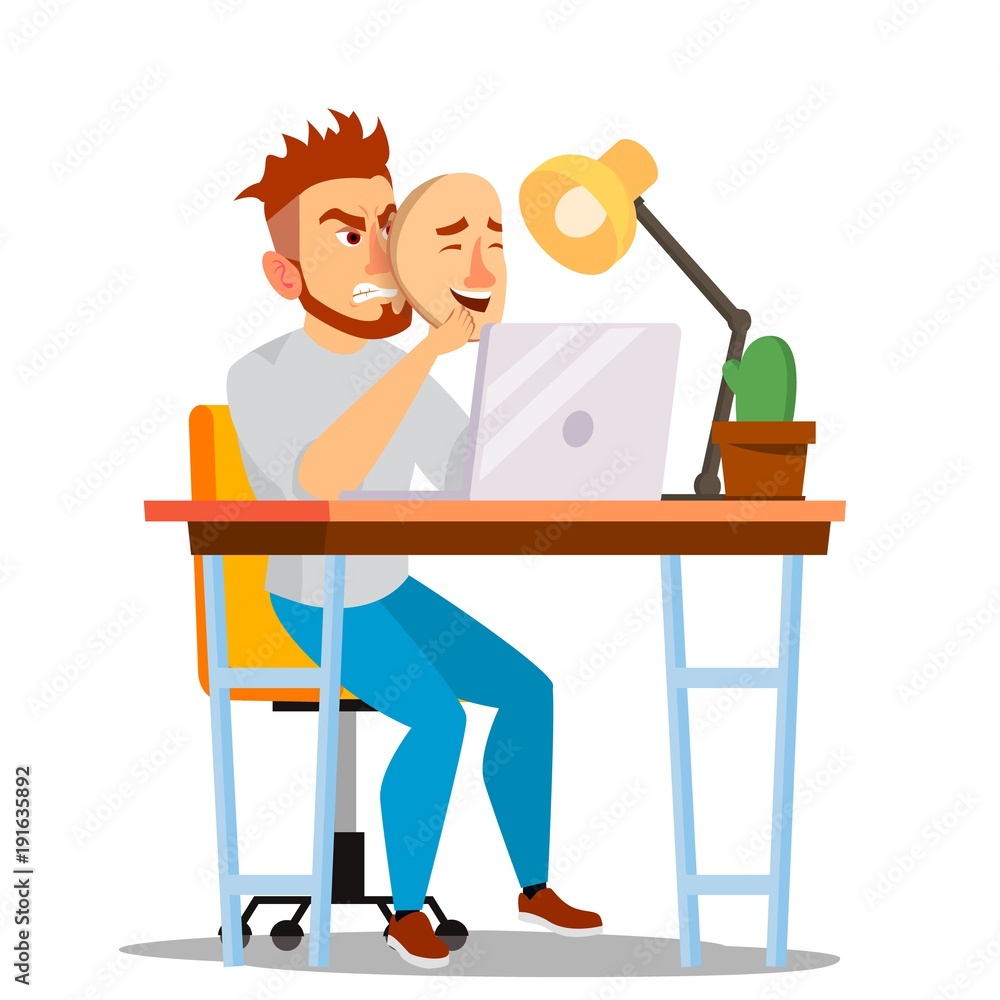 Fototapeta premium Angry Man Wear Good Mask Vector. Bad, Tired Man. Fake Person. Deceive Concept. Isolated Flat Cartoon Business Character Illustration