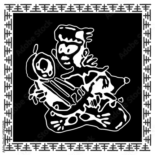 Ethnic musician (man) plays an ancient stringed instrument (kora, wine, berimbau, domra, dilruba). African and native American tribal music. Emblem sticker in Black and white hand draws vector