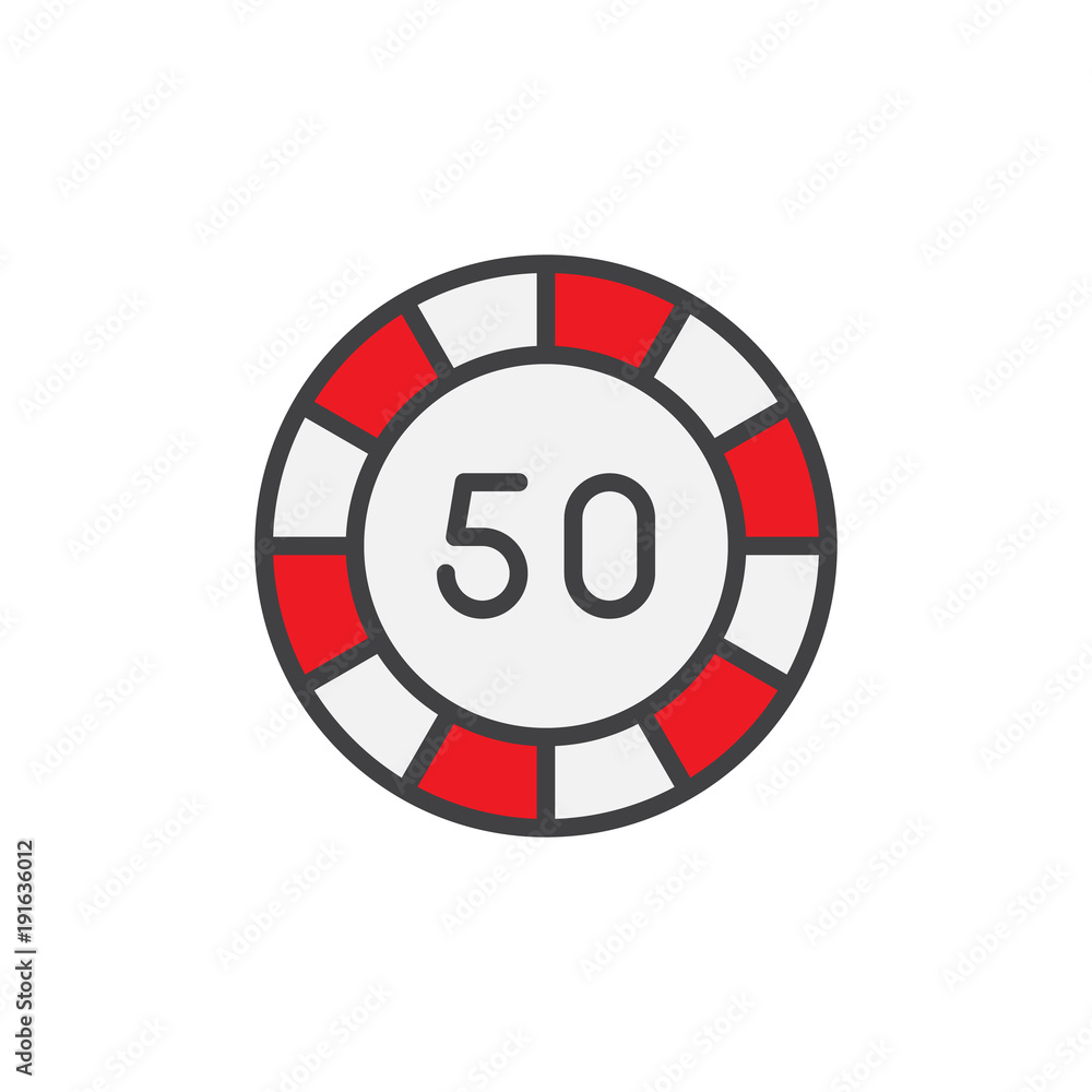 Poker chip fifty filled outline icon, line vector sign, linear colorful pictogram isolated on white. Casino money 50 symbol, logo illustration. Pixel perfect vector graphics Poker chip fifty filled outline icon, line vector sign, linear colorful pictogram isolated on white. Casino money 50 symbol, logo illustration. Pixel perfect vector graphics