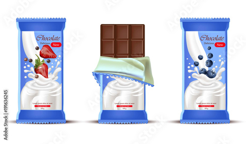 Strawberry chocolate bar with milk cream splash Vector realistic. Product pac...