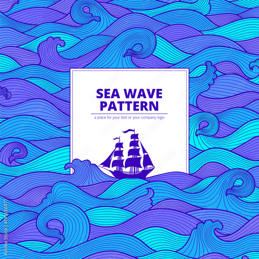 postcard banner purple turquoise blue sea waves and the ship