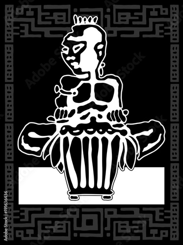 African drummer. Percussion players. Tribal bongo or djembe music. Sticker logo Black and white hand drawing in ethnic style. Vector illustration
