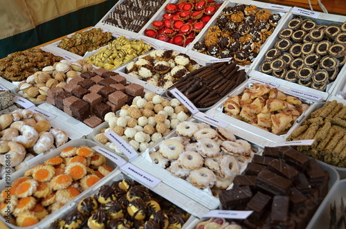 sweet pralines and pastry or candy made from chocolate and  sugar