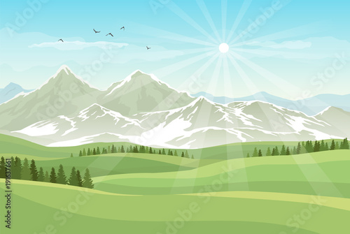 Vector bright landscape with green meadows, forests, mountains with snow and shining sun in blue sky