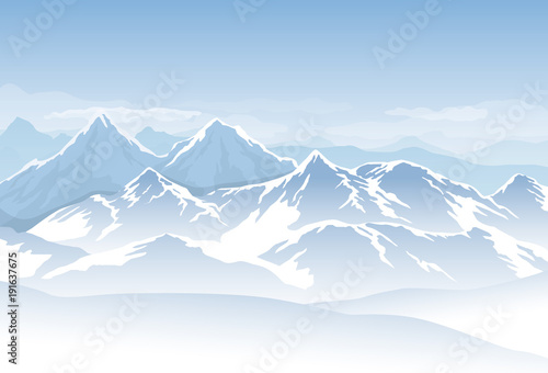 Vector blue cold misty mountains with snow and clouds in the sky