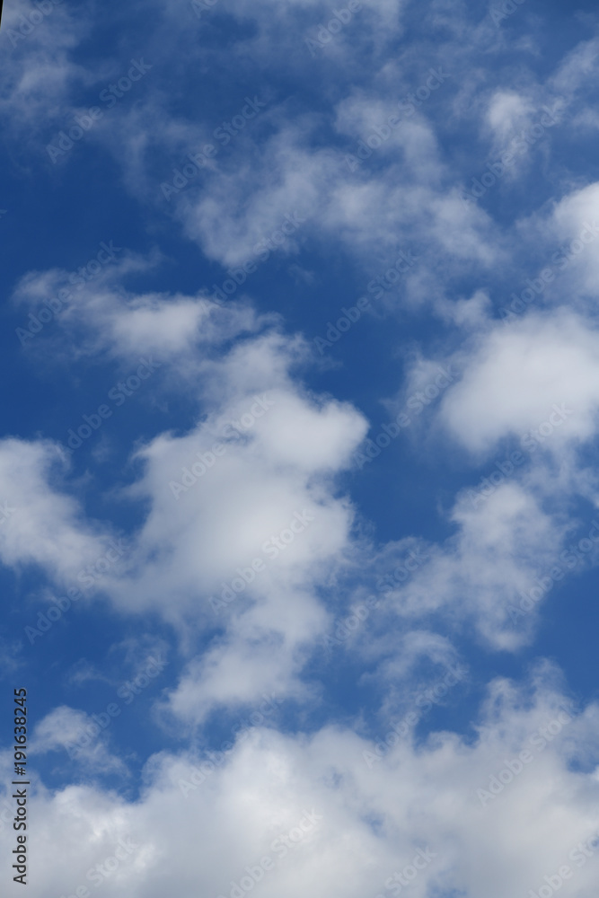 青空と雲「空想・雲のモンスターたち」縦写真・もやもやした気分、まとわりつく、不安にさせること、不安感などのイメージ