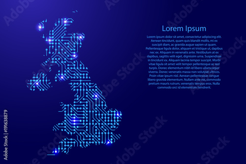 Map Great Britain from printed board, chip and radio component with blue star space on the contour for banner, poster, greeting card, of vector illustration.