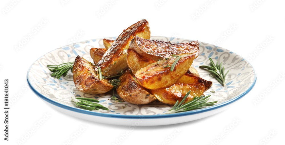 Plate with tasty potato wedges on white background Plate with tasty potato wedges on white background