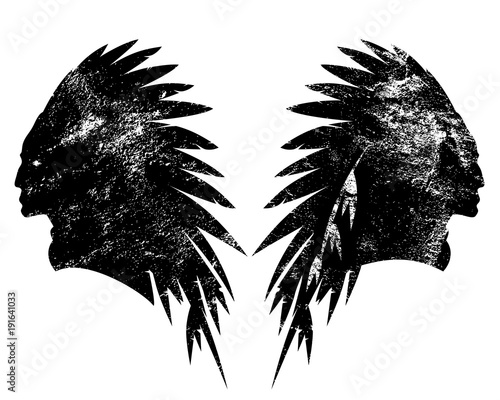 tribal chief wearing feather headdress black and white vector silhouette design