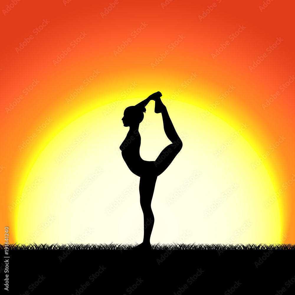 Yoga dhanurasana pose black silhouette on sunset background. Woman character meditating in nature during sunrise, dawn. Yoga dhanurasana pose black silhouette on sunset background. Woman character meditating in nature during sunrise, dawn.
