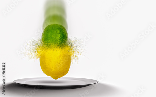 Lime crashed into lemon exploding (dispersing) above a plate on the white background photo