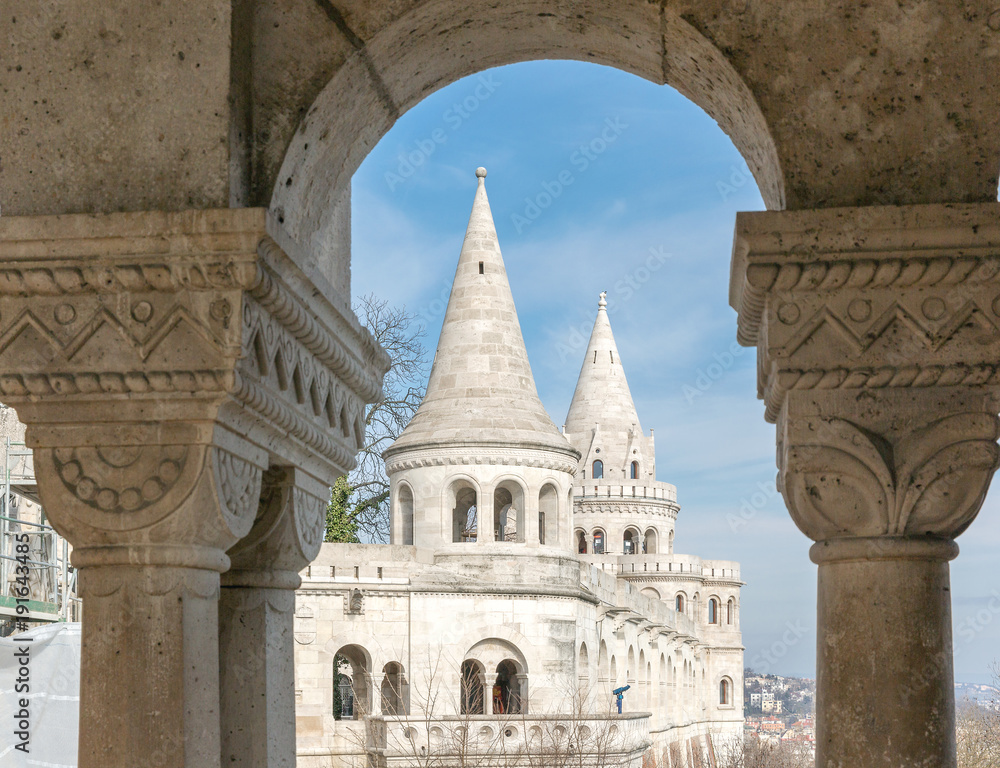 Fishermans Bastion, Buda castle in Budapest. View through the arch