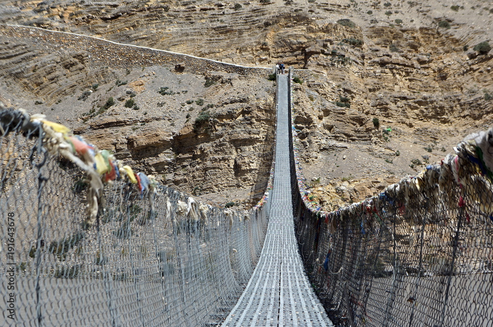 Trecking Bridge Pedestrian suspension bridge across the Kali Gandaki River. Trekking to ...