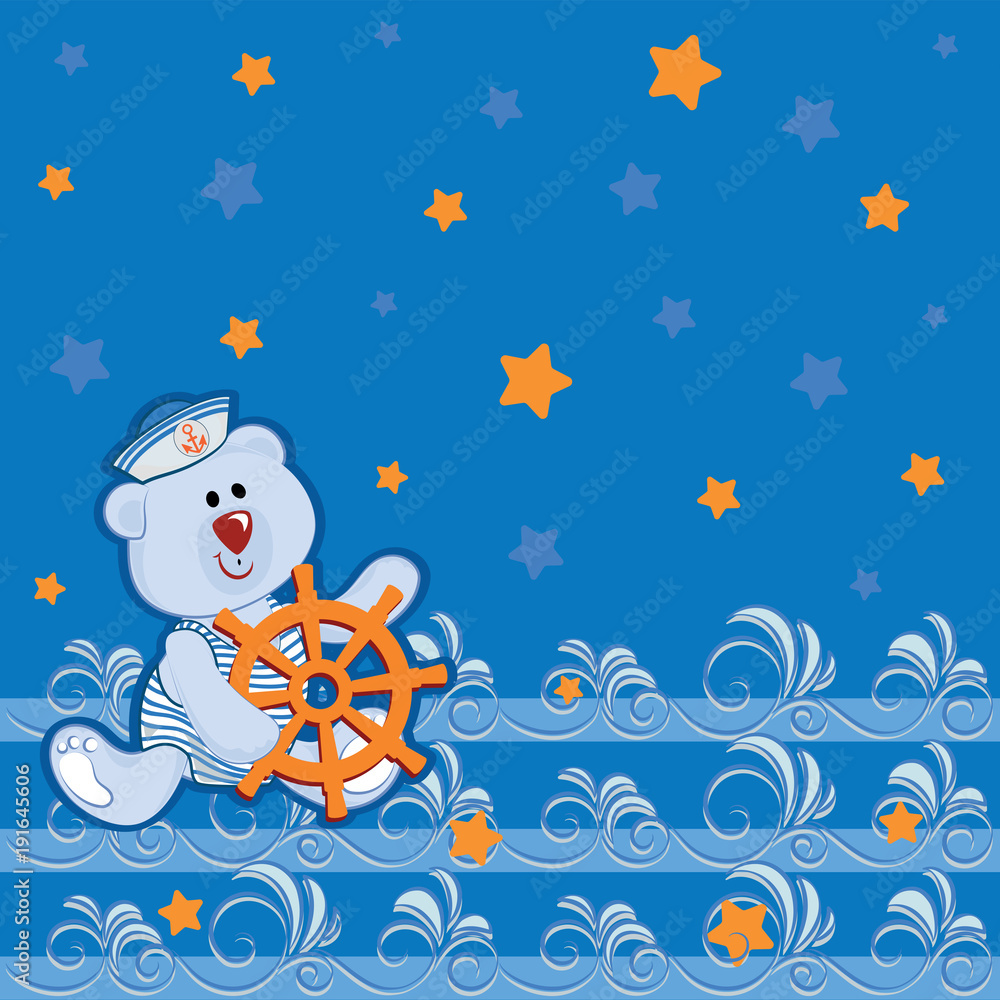 Llittle polar teddy-bear with a steering wheel.  Poster with a small bear, a starry sky and an openwork sea. Design for children's clothing, printing on fabrics, clothing surfaces for children