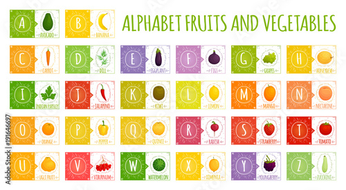 Vector alphabet with fruits and vegetables. Letters for children. To study the letters and names of different foods.
