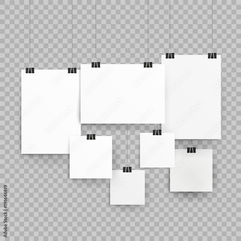 Frames or poster templates isolated on transparent background. Poster template of a paper sheet. Collection empty paper frame mockup hanging with paper clip.Vector illustration. Frames or poster templates isolated on transparent background. Poster template of a paper sheet. Collection empty paper frame mockup hanging with paper clip.Vector illustration.
