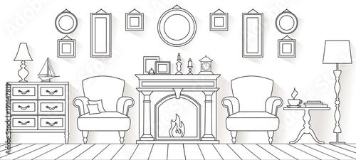 Vector living room in outline style. Linear interior with furniture and fireplace. photo