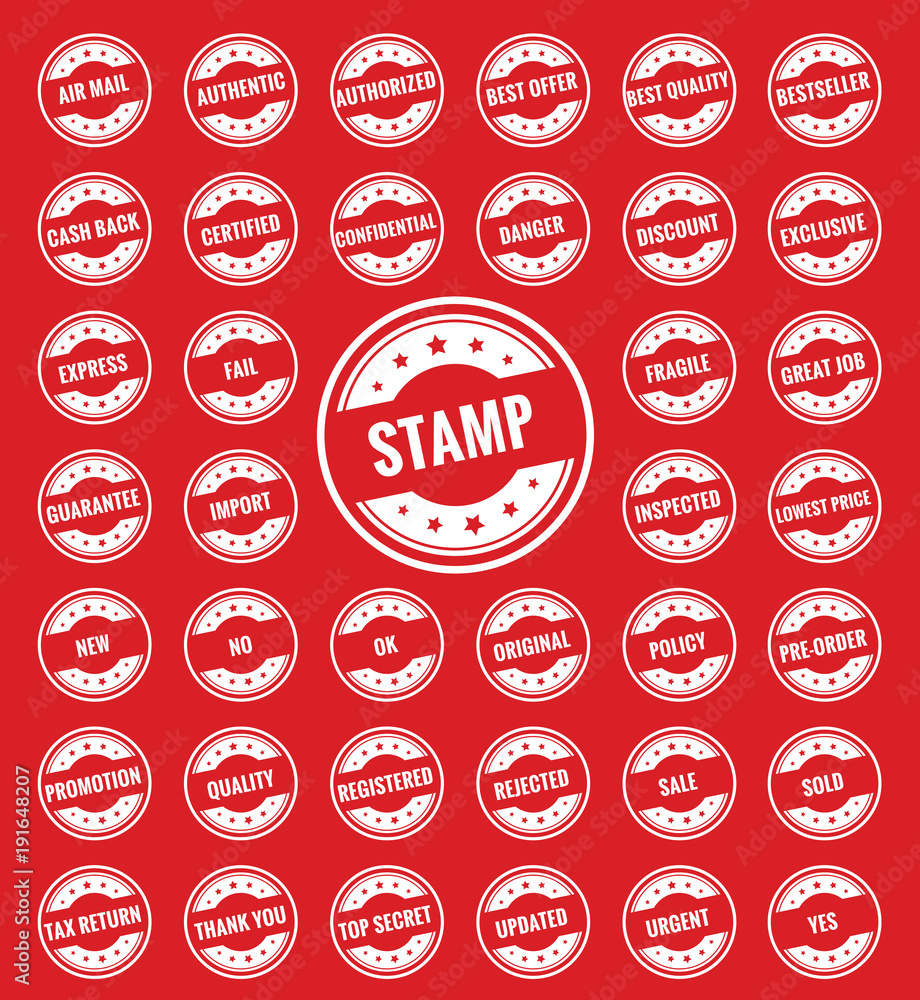 Rubber Stamps, Badge, Placard, Notice, Seal, Message, Alert - Icon Pack- Illustration. Stamps Set.