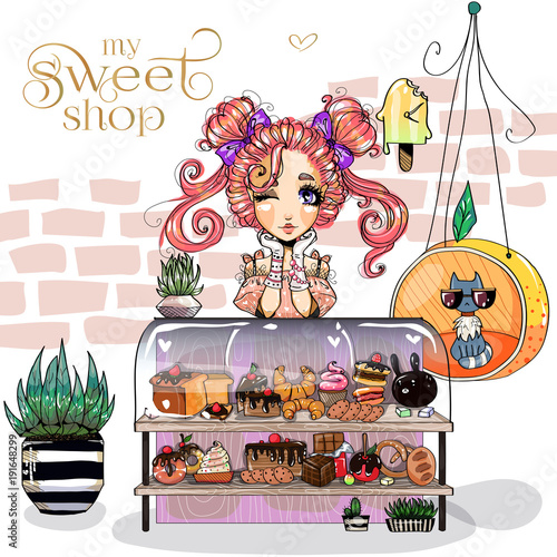 Cute little girl at sweet-shop, young woman love sweet dessert, confectionery bakery cafe, anime style cartoon character comics girl portrait, vector illustration