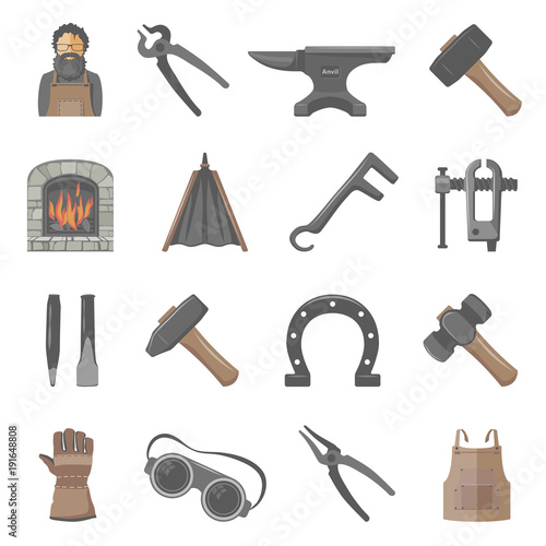 Blacksmith tools and equipment icon set