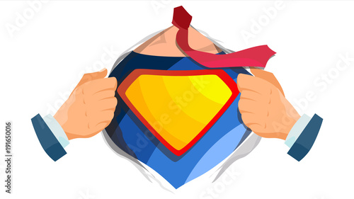 Superhero Sign Vector. Super Hero Open Shirt With Shield Badge. Place For Text. Isolated Flat Cartoon Comic Illustration photo