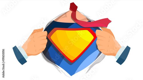 Superhero Sign Vector. Super Hero Open Shirt With Shield Badge. Place For Text. Isolated Flat Cartoon Comic Illustration