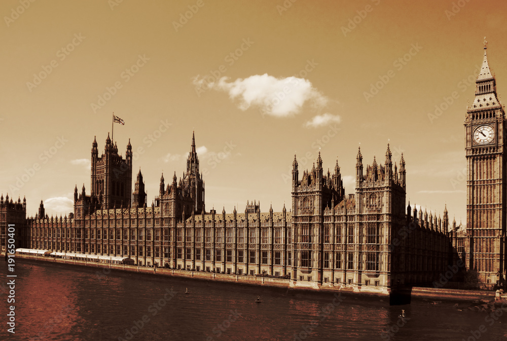 London, United Kingdom - Palace of Westminster (Houses of Parliament) with Big Ben clock tower.
