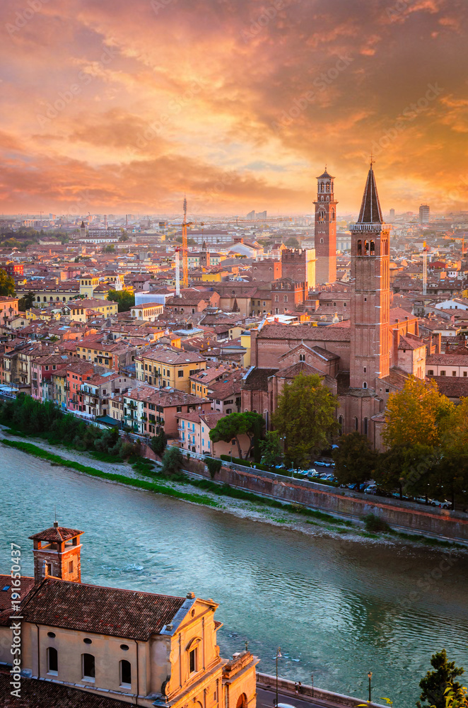 Beautiful sunset aerial view of Verona, Veneto region, Italy.
