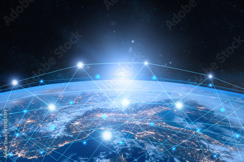 Earth from Space. Internet Concept of global business. Network and data exchange over planet earth. Symbol of internet, technology and communication. Elements of this image furnished by NASA.