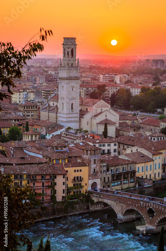Beautiful sunset aerial view of  Verona, Veneto region, Italy.