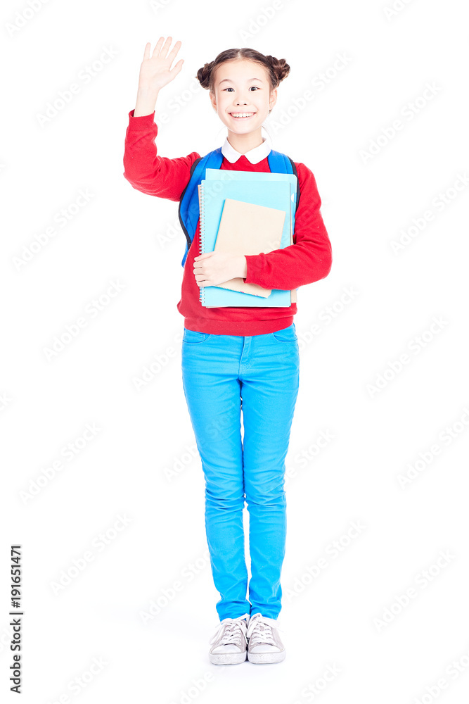 Fototapeta premium Portrait of female student holding notebooks and textbooks on white background