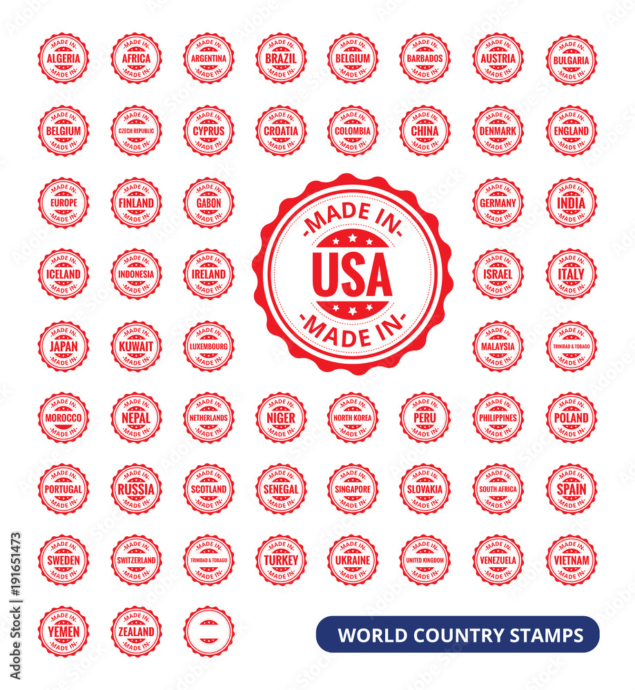 Rubber Stamp from all major countries. 'Made in' labels stamps. Collection of red rubber stamp. Rubber Stamp from all major countries. 'Made in' labels stamps. Collection of red rubber stamp.