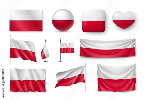 Set Poland flags, banners, banners, symbols, flat icon. Vector illustration of collection of national symbols on various objects and state signs