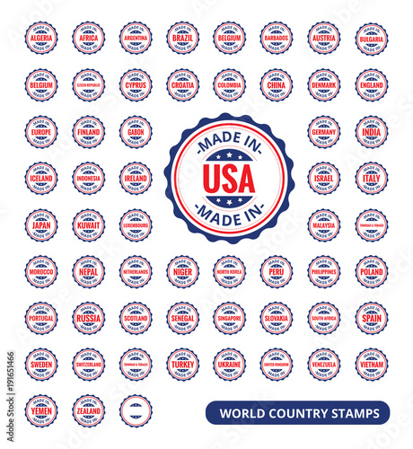 Rubber Stamp from all major countries. 'Made in' labels stamps. Collection of red rubber stamp.