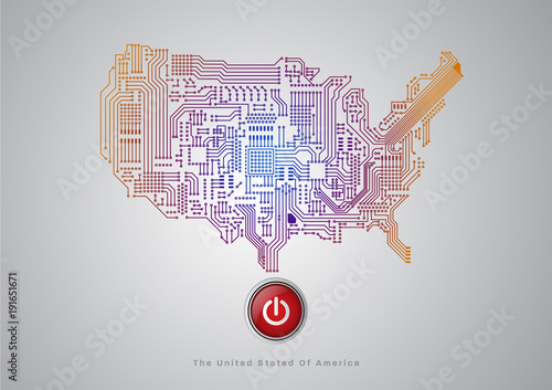 
Abstract illustration vector electronic circuit line /Main board Map of United States with glowing points. POWER button/Green technology
