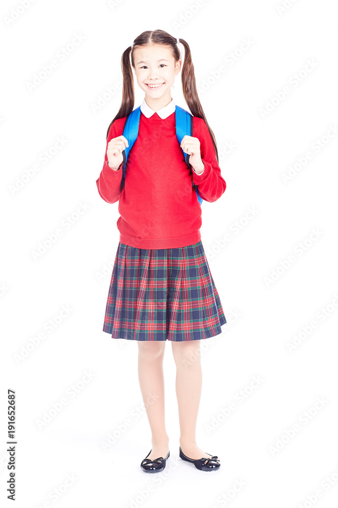Asian female elementary student in school uniform posing on white background Asian female elementary student in school uniform posing on white background