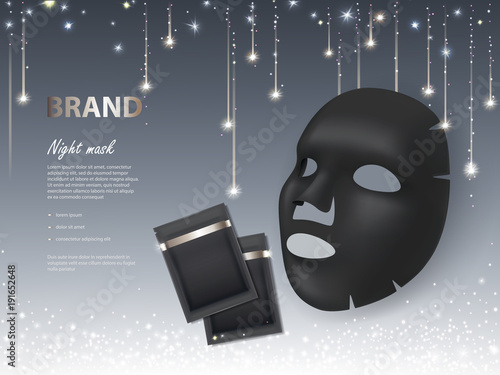 Vector cosmetic banner with 3d realistic night facial mask and black package for it, isolated on glittering background. Skincare, anti-aging beauty product for face treatment. Mockup for brand design