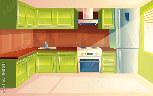 Vector modern kitchen interior background template. Cartoon dinner room illustration with furniture - kitchen counter, cupboard, appliances - fridge, cooking stove, oven, range exhaust hood, sink.