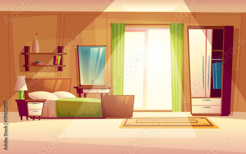 Vector cartoon illustration of a cozy modern bedroom, living room with double bed, bookshelf, cupboard, window, dresser, carpet, interior inside. Colorful background, apartment concept with furniture