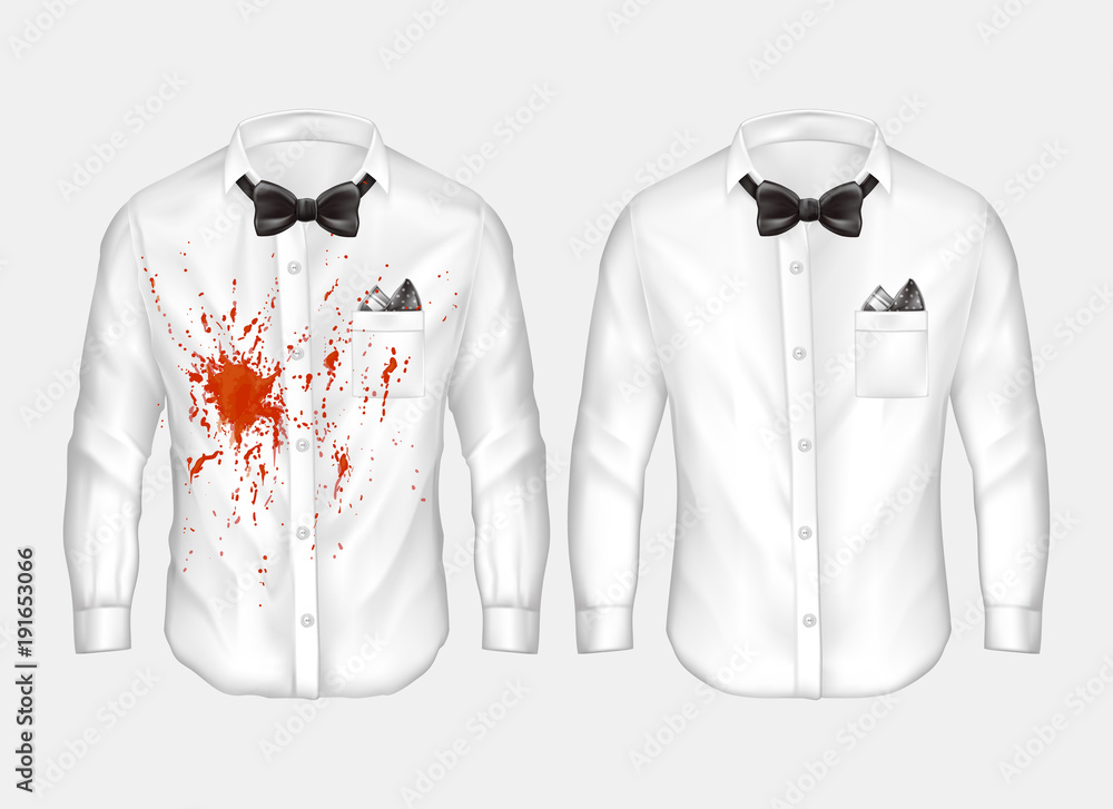 Vector 3d realistic male white shirts with bow-ties, one dirty, crumpled  with red stain of
