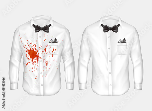 Vector 3d realistic male white shirts with bow-ties, one dirty, crumpled with red stain of wine, blood or ketchup, other clean and ironed. Mockup with clothes before and after washing or dry-cleaning