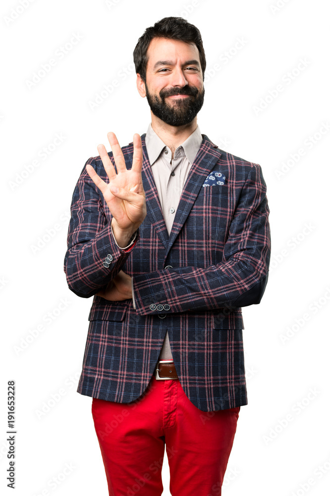 Well dressed man counting four on white background Well dressed man counting four on white background