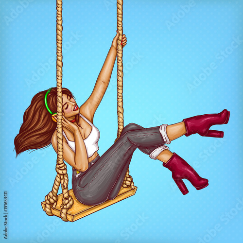 Vector young sexy girl in jeans and high-heeled shoes, in headphones, swinging on a swing and listening songs. Music lover woman in earphones on blue dotted background, pop art concept illustration