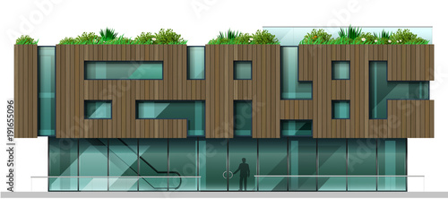 The facade is a modern shopping centre or train station, airport, school or library. Public city building.